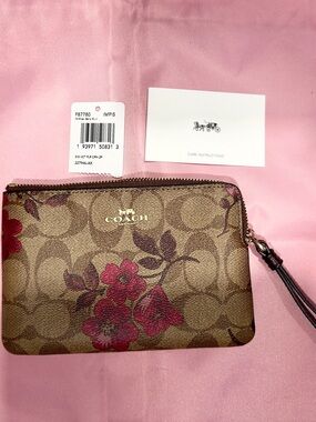 COACH Brown Signature Floral Zip Wristlet with Pink Flowers